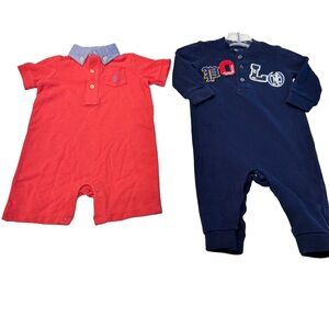 Ralph Lauren Baby Boy LOT OF 2 Rompers Navy L/S Salmon S/S W/ Collar NEW Sz 6 Mo